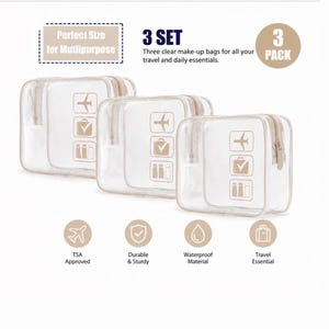 May include: Three transparent makeup bags with beige zips. Each bag has a beige graphic of an aeroplane, suitcase, and bottles. The text reads "3 SET" and "Three clear make-up bags for all your travel and daily essentials."