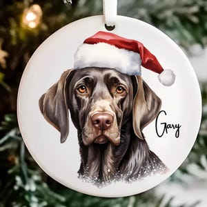 May include: Circular Christmas decoration depicting a brown dog in a Santa hat. The dog's portrait is detailed, with brown fur and a red and white hat. The name "Gary" is written in cursive. A white ribbon is attached for hanging.