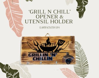 wooden outdoor, garden BBQ Bottle opener & utensil hanger