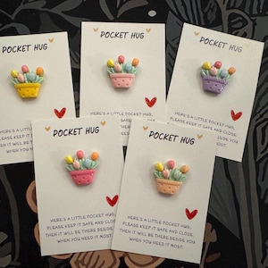 May include: Five cards with the text "POCKET HUG" and a small, colourful tulip basket pin. Each card has a red heart and a message. The pins are in yellow, pink, purple, and peach baskets.