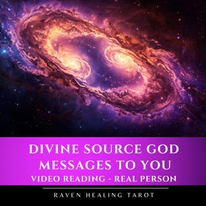 May include: A digital graphic featuring a vibrant purple and orange nebula with swirling cosmic clouds and stars. Below the nebula, a purple banner displays the white text: DIVINE SOURCE GOD MESSAGES TO YOU, VIDEO READING - REAL PERSON, RAVEN HEALING TAROT.