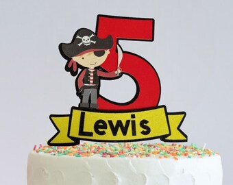 Personalised pirate cake topper - glitter kids birthday cake decoration with name & age