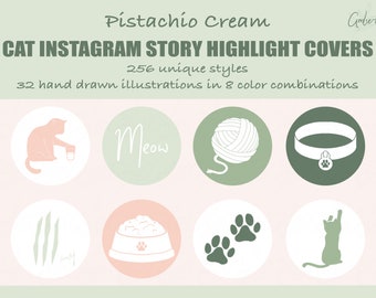 256 capas de destaque de histórias do Instagram de gato com creme de pistache | Ilustrações desenhadas à mão | Ícones IG | Pacote Estético Fofo