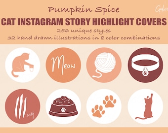 256 capas de destaque de histórias do Instagram do Pumpkin Spice Cat | Ilustrações desenhadas à mão | Ícones IG | Pacote Estético Fofo