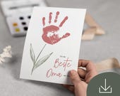 Handabdruck Karte Oma als Download – „Beste Oma der Welt“ Bastelvorlage mit Blume | schnelles DIY Geschenk vom Enkelkind zum Ausdrucken