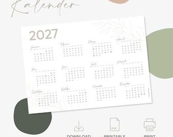 May include: A 2027 calendar printed on a white rectangular sheet featuring twelve months arranged in a grid. The design includes thin line art of leaves and the text 2027. Below the calendar are icons for download, printable PDF, and print at home.
