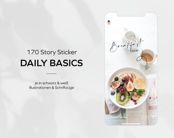 170 Instagram Story Stickers Daily Basics, with story stickers for everyday life, weekdays, and holidays. Lettering & drawings.