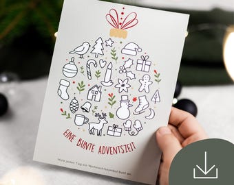 May include: A Christmas-themed greeting card featuring a large ornament design filled with festive icons like a bird, tree, and snowman. The card has the text "EINE BUNTE ADVENTSZEIT" in red, with additional text below. The card is held by a hand.