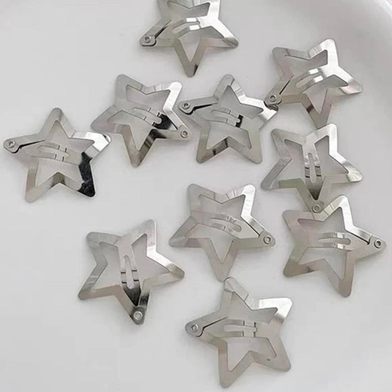 10pcs Y2K Star Snap Hair Clips , Silver Hair Clips Hair Clips Star Accessories Y2k Hair Clips Star Jewellery Five-Pointed Hair Clips image 1