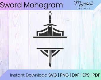 May include: A black and white silhouette of a sword with a decorative design. The sword is split in half horizontally, creating a space for a monogram. The text "Sword Monogram" is at the top of the image, and the text "Miyabell DESIGNS" is at the top right. The text "Instant Download SVG | PNG | DXF | EPS | PDF" is at the bottom of the image.