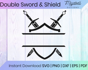 May include: Black and white silhouette of two crossed swords with a shield at the bottom. The swords are crossed at the top and have a ring at the top of the handle. The shield is a simple shape with a pointed bottom. The image is on a light blue and pink woodgrain background. The text "Double Sword & Shield" is at the top of the image. The text "Instant Download SVG | PNG | DXF | EPS | PDF" is at the bottom of the image.