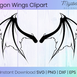 May include: Black and white silhouette of a pair of dragon wings. The wings are spread wide and have a jagged, pointed edge. The image is on a light blue and pink woodgrain background. Instant Download SVG | PNG | DXF | EPS | PDF