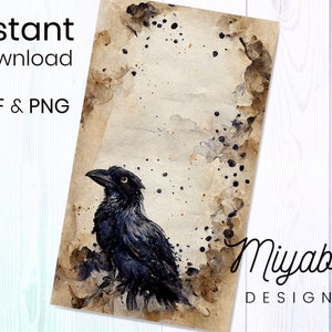 Watercolour Black Raven Tag, Mysterious Crow Art Scrapbooking, png, pdf file format, Instant Download, Commercial Use, Printable, Digital