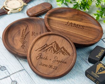 Round Wood Ring Dish Personalized Jewelry Tray, Gift for Newly Engaged Couples Wedding Bridal Party Gift Anniversary Gift for Husband Wife