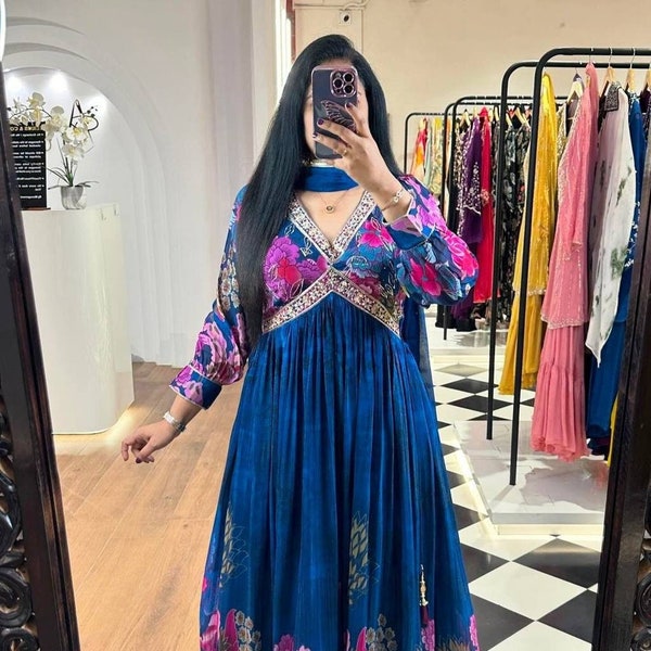 Atrractive Royal Blue Color Floral Designer Full Flared Alia Cut Anarkali Gown Set With Designer Georgette Dupatta, 2 Pc Indian Suit For Her