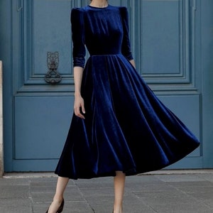 Blue Dress, Velvet Dress, Midi Dress, Evening Dress, Wedding Guest Dress, Cocktail Dress, Party Dress, Bridesmaid Dress, Formal Dress Prom