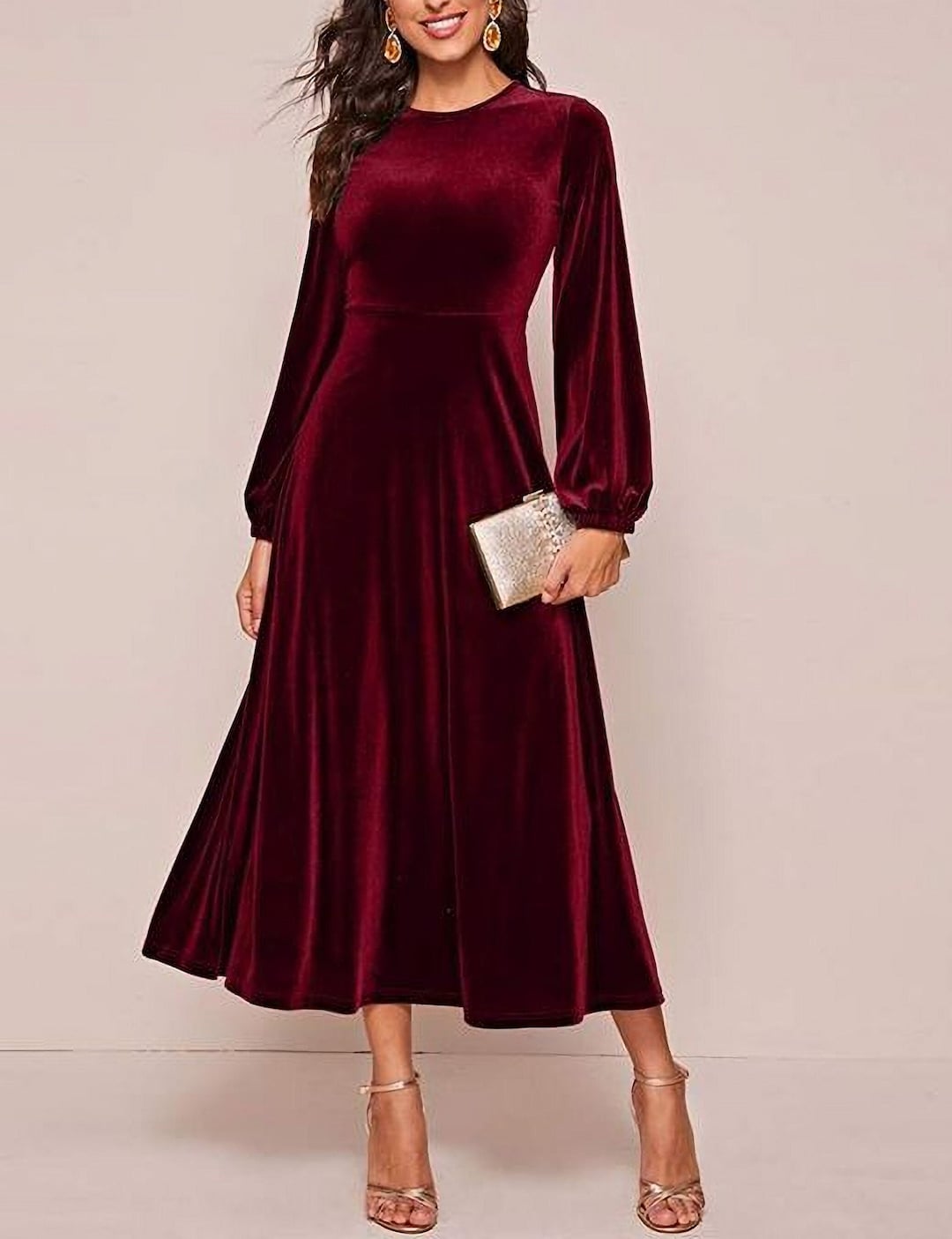 Women Velvet Christmas Dress Elegant Party Wear Long Sleeve Warm