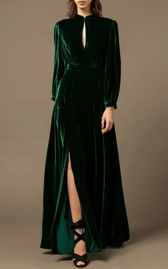 Emerald Green Velvet Dress Elegant Wedding Evening Party Long