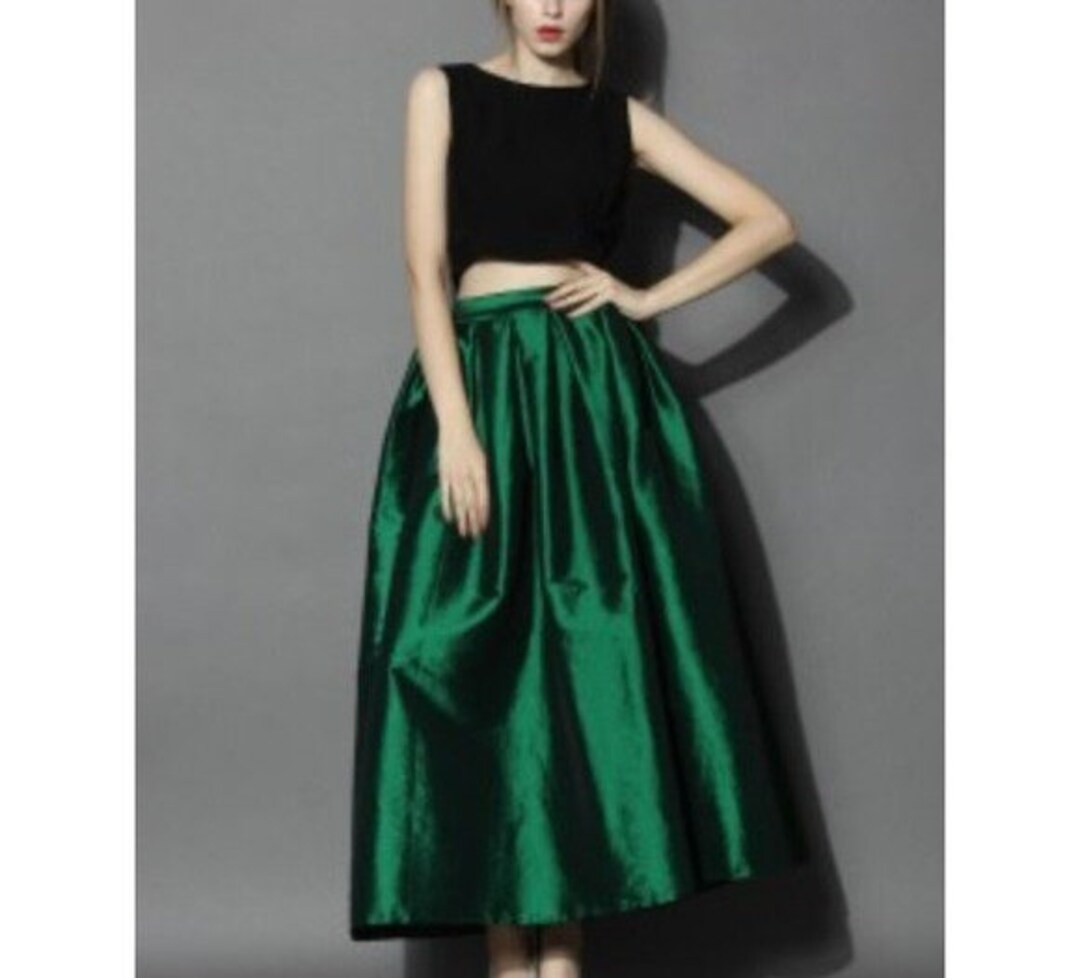 Emerald Green Taffeta Skirt Skater Skirt High Waisted Christmas Party ...