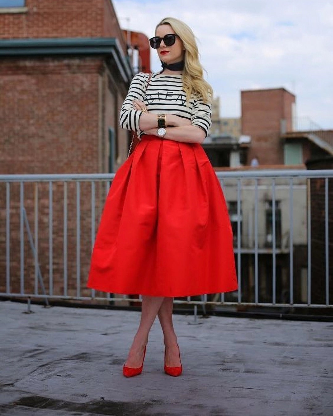 Christmas Red Taffeta Skirt Skater Skirt High Waisted Skater Bridesmaid
