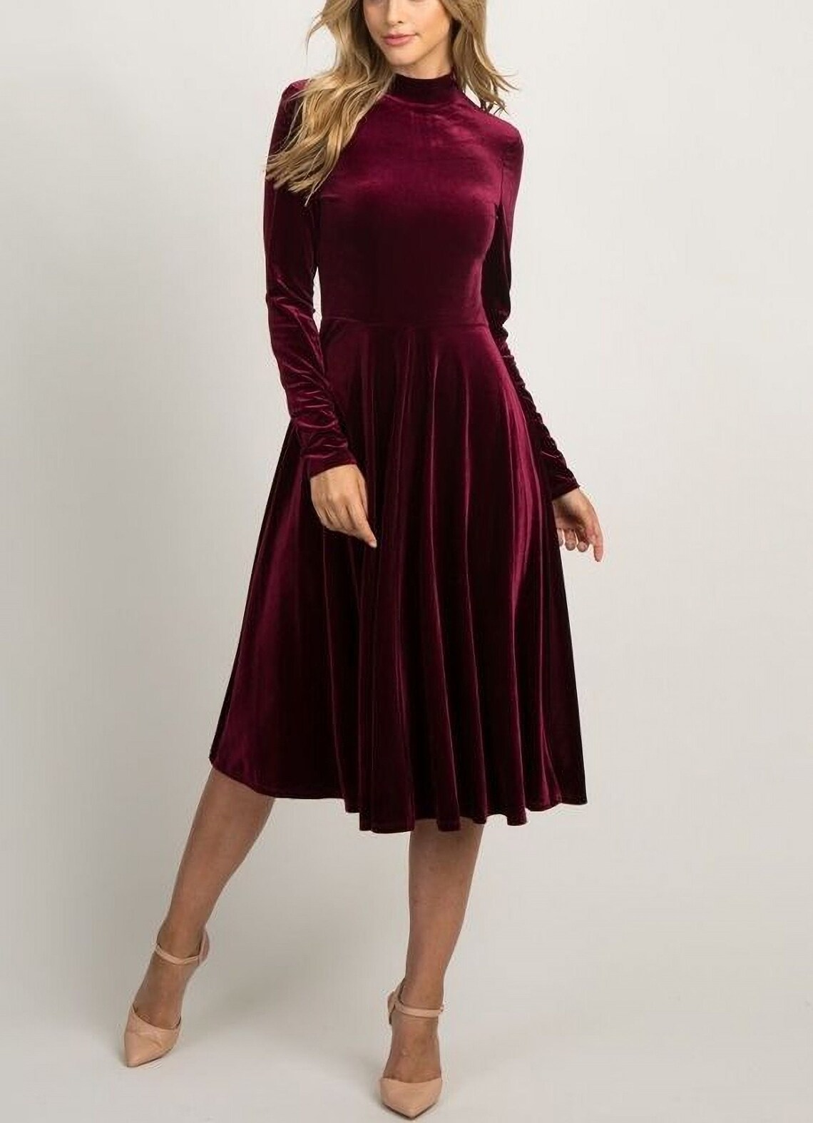 Women Burgundy Full Sleeves Midi Dress