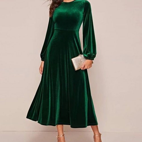 Womens Emerald Green Velvet Dress Midi Dress Evening Ball Gown - Etsy