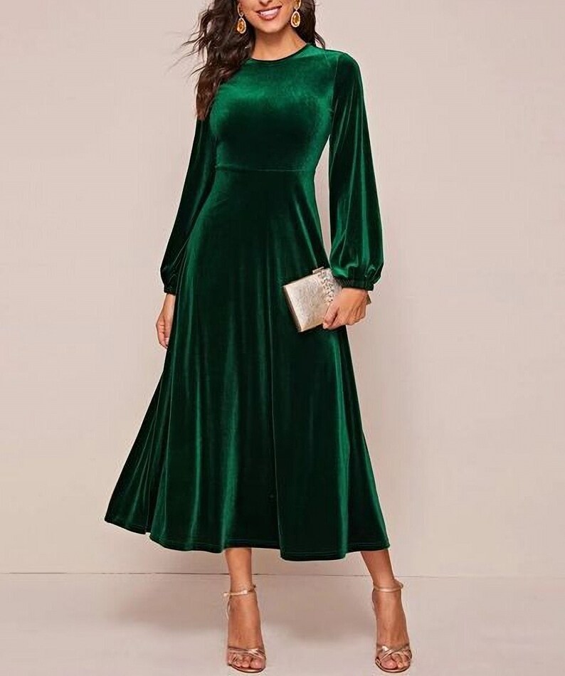 Womens Emerald Green Velvet Dress Midi Dress Evening Ball Gown Etsy UK