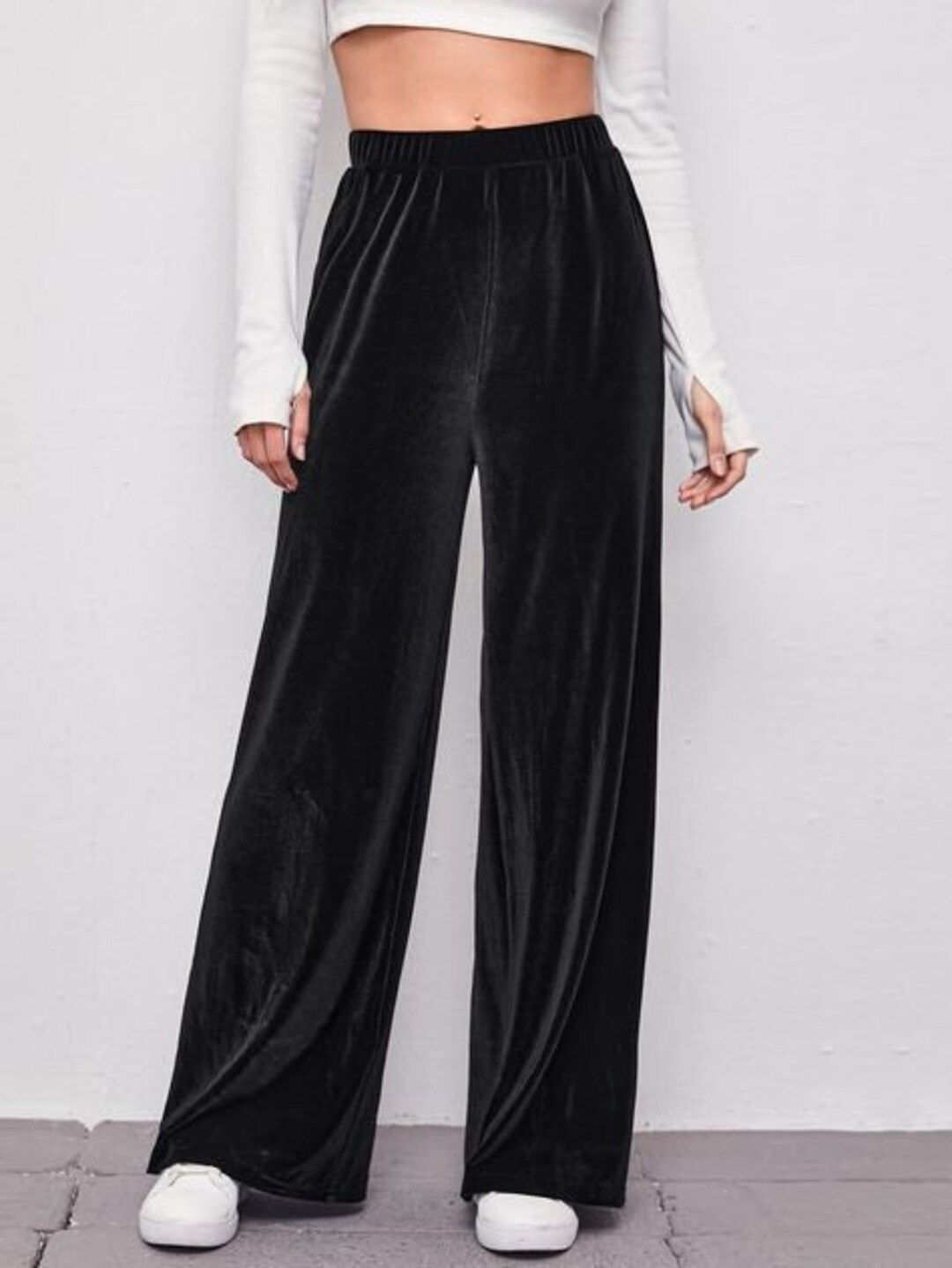 Long Black Velvet Pants, Velvet Trousers With Elastic Waist Wide Leg ...