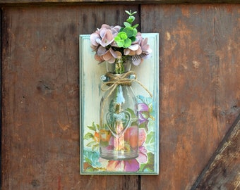 Wall Wood Glass Vase / Shabby Chic / Wall Hanging / Wall Decoration