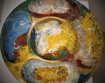 5-Sectioned Hand painted Revived Hard Wood Vintage Mid century Round Tray Serveware - Authentic - Made in Africa