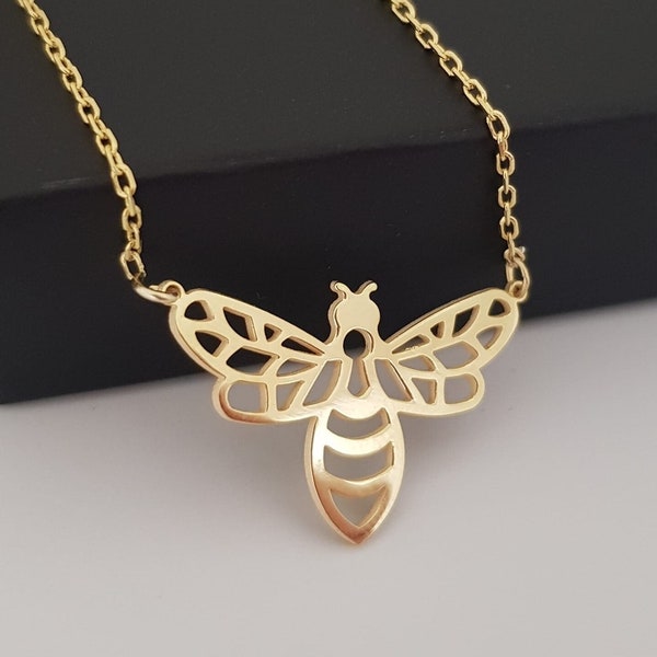 14 k Gold Bee Necklace, Silver Tiny Bee Necklace, Bee Lover Necklace, Flying Bee Pendant, Bee Gift, Birthday Gift