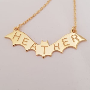 Custom Bat Necklace, Daint Bat Name Necklace, Gold Bat Necklace, Hallowen Gift, Bat Jewelry, Bat Lover Gift, Gothic Font Necklace