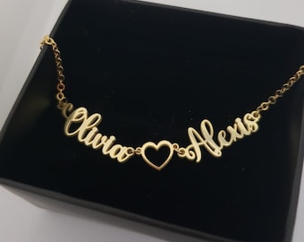Bracciale con due nomi e cuore, braccialetto con nome in oro, braccialetto con nome personalizzato, regalo per la mamma, braccialetto con nome per bambini, regalo di compleanno