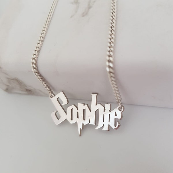 Wizard Name Necklace,925 K Sterling Silver Name Necklace,Harry P.Font Necklace,Curb Chain Name Necklace