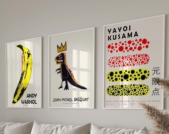 Lot de 3 impressions, ensemble mural de galerie et ensemble Andy, Yayoi Kusama, ensemble d'impression numérique, affiche jaune dinosaure