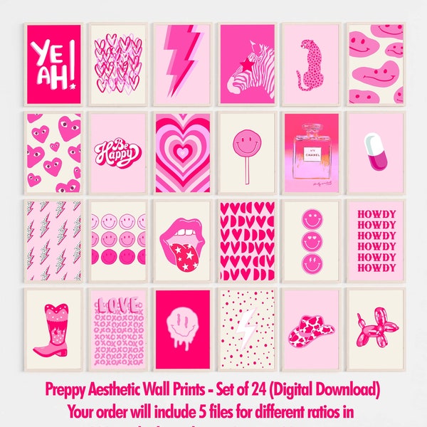 Preppy Aesthetic Wall Prints Lot de 24 Preppy Pink Print Digital Poster Pink Wall Art Collage Poster Pink Photo Dorm Decor Smiley Hearts Art
