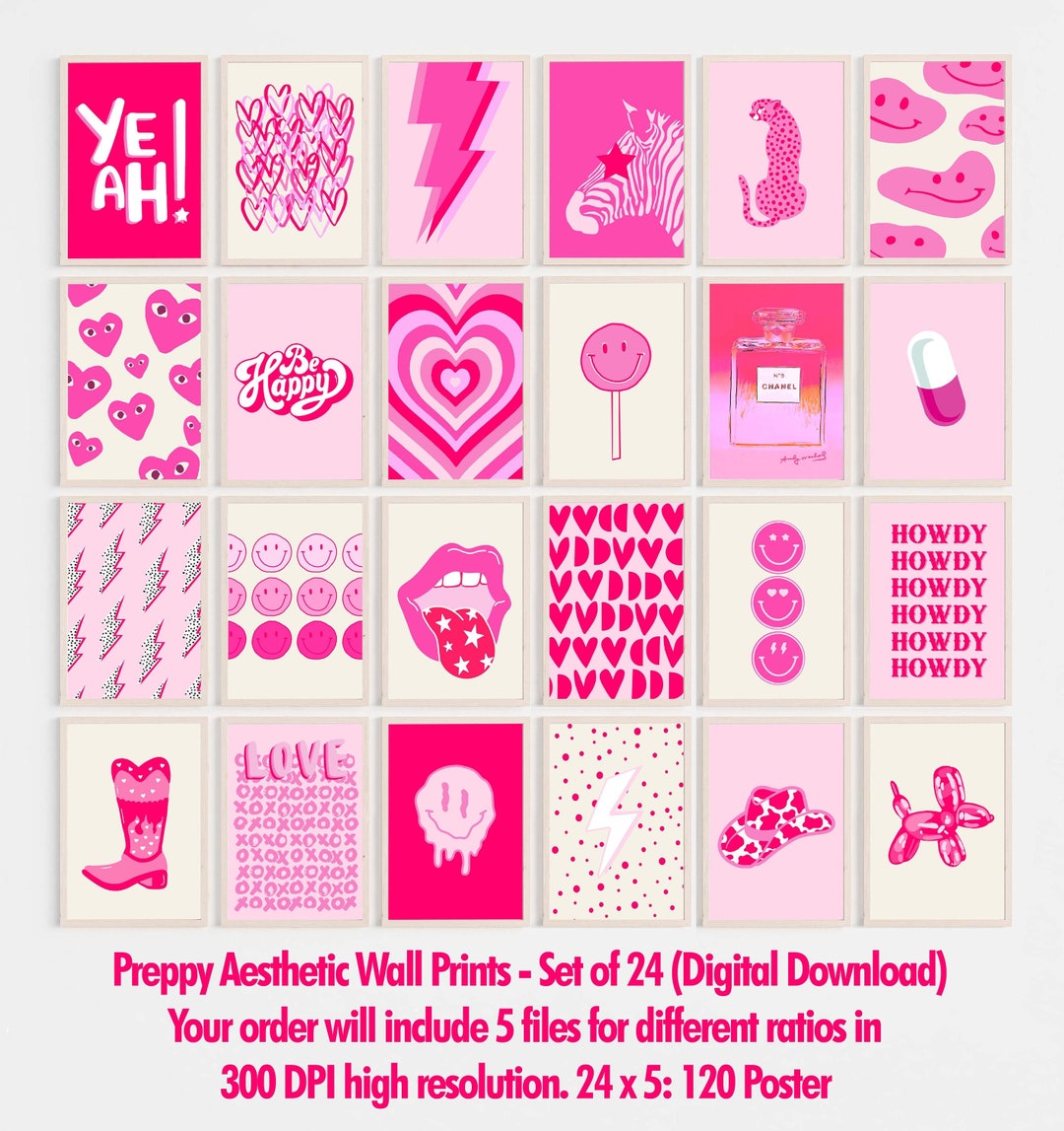 Preppy Aesthetic Wall Prints Set of 24 Preppy Pink Print Digital Poster ...