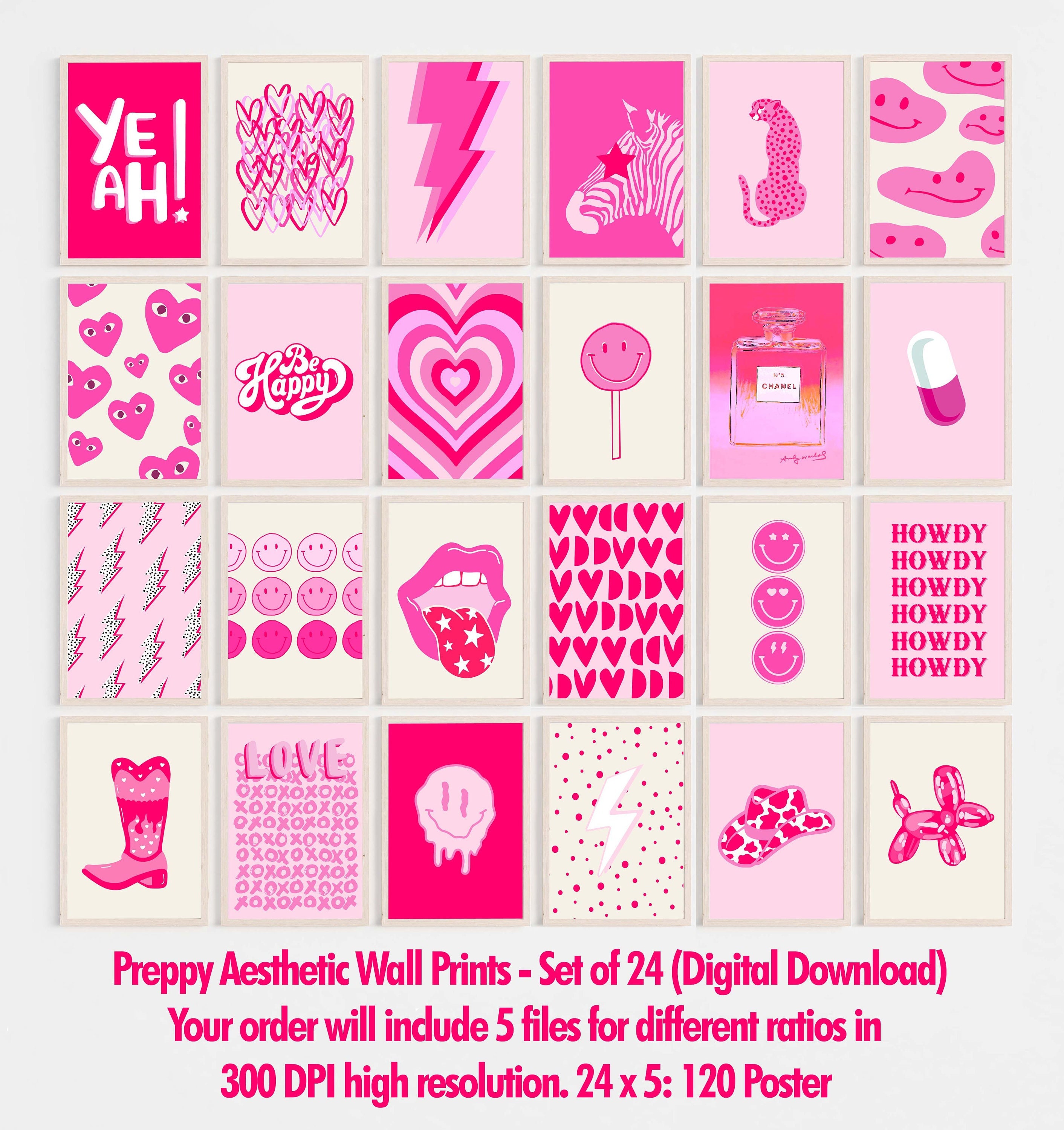Preppy Aesthetic Wall Prints Set of 24 Preppy Pink Print Digital