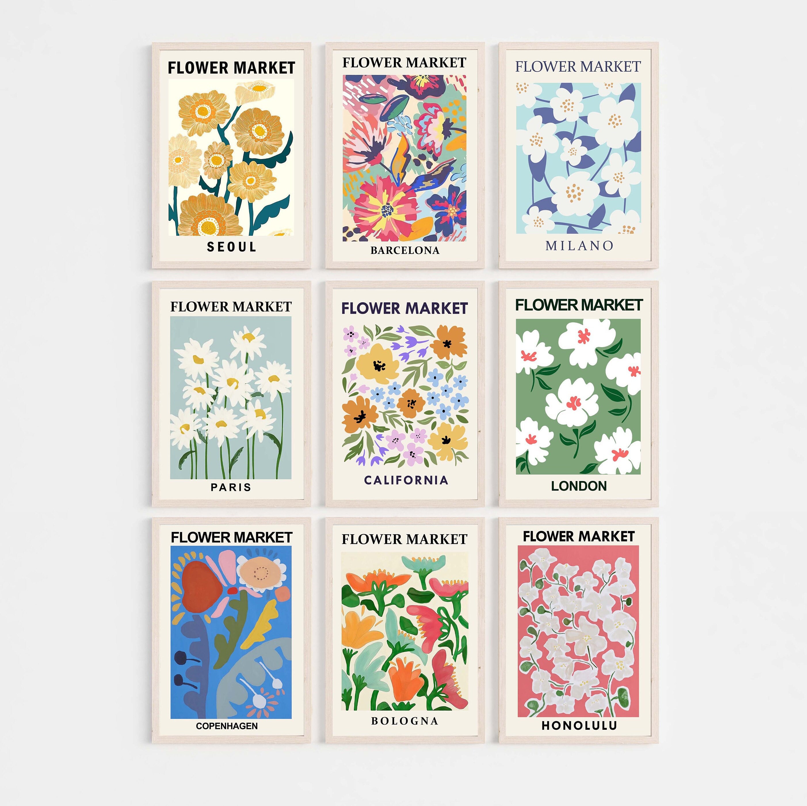 Flower Market Print Set of 9 Botanical Wall Art Floral - Etsy