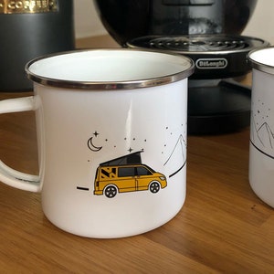 T5/T6 Pop Top with VW Stencil and Alloys - Volkswagen Vanlife Campervan Enamel Camping Mug - Fully Personalised Camper Cup
