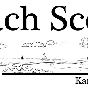 Pu&ograve; includere: Un'illustrazione in bianco e nero di una scena di spiaggia con un furgone, palme e un ombrellone da spiaggia. Il testo "Beach Scene" &egrave; in alto nell'immagine e il testo "Karen's Van Mug" &egrave; in basso nell'immagine.
