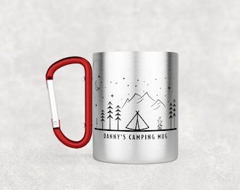 Personalised Camping / Tenting Carabiner Mug- Camping cups for Outdoor Enthusiasts with full customisation of name and wording