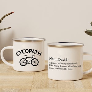 Cycopath Enamel Coffee Mug. Funny cyclist cup, bmx mug. 12oz Enamel Coffee cup for Cyclists that will not smash.