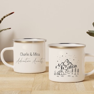 Custom Adventure Awaits Mug - Personalised Camping cups for Outdoor Enthusiasts. Full Personalisation of Text for the Perfect Camp Gift