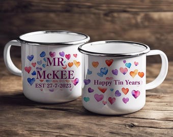 Set of 2 mugs - 10 Year Anniversary Mr and Mrs Wedding Enamel Mugs - Personalised Mug Set, Tin Years Mug, Tin Anniversary, Anniversary Set