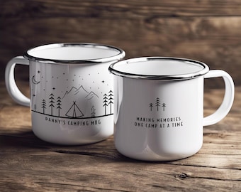 Personalised Camping / Tenting Enamel Mugs- Camping cups for Outdoor Enthusiasts with full customisation of name and wording