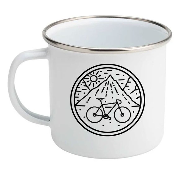 Personalised Enamel Cycling Mug - Cycling Gift, Triathlon Gift, Enamel Coffee Mug. Cute design fully customised Text