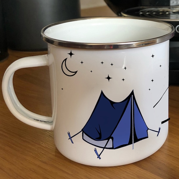 Camping tent Enamel Mug. Personalised Camping Cup for the Tent Camper. Great for Scouts & outdoor Enthusiasts