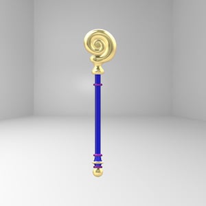 Könnte beinhalten: Ein Fantasy-Stab mit einem goldenen Spiralaufsatz, einem blauen Schaft und goldenen Akzenten. Der Stab hat einen abgerundeten goldenen Sockel und lila Ringe in der Nähe der Ober- und Unterseite. Es ist ein dekorativer Gegenstand.