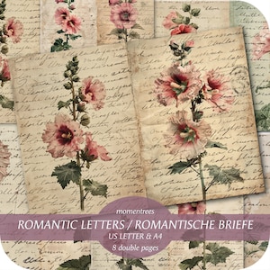 CARTAS DE AMOR ROMÁNTICAS Páginas de diario basura, Escritura a mano, Flores, Diario basura, Papeles imprimibles, Collage digital, Descarga instantánea, Malva real